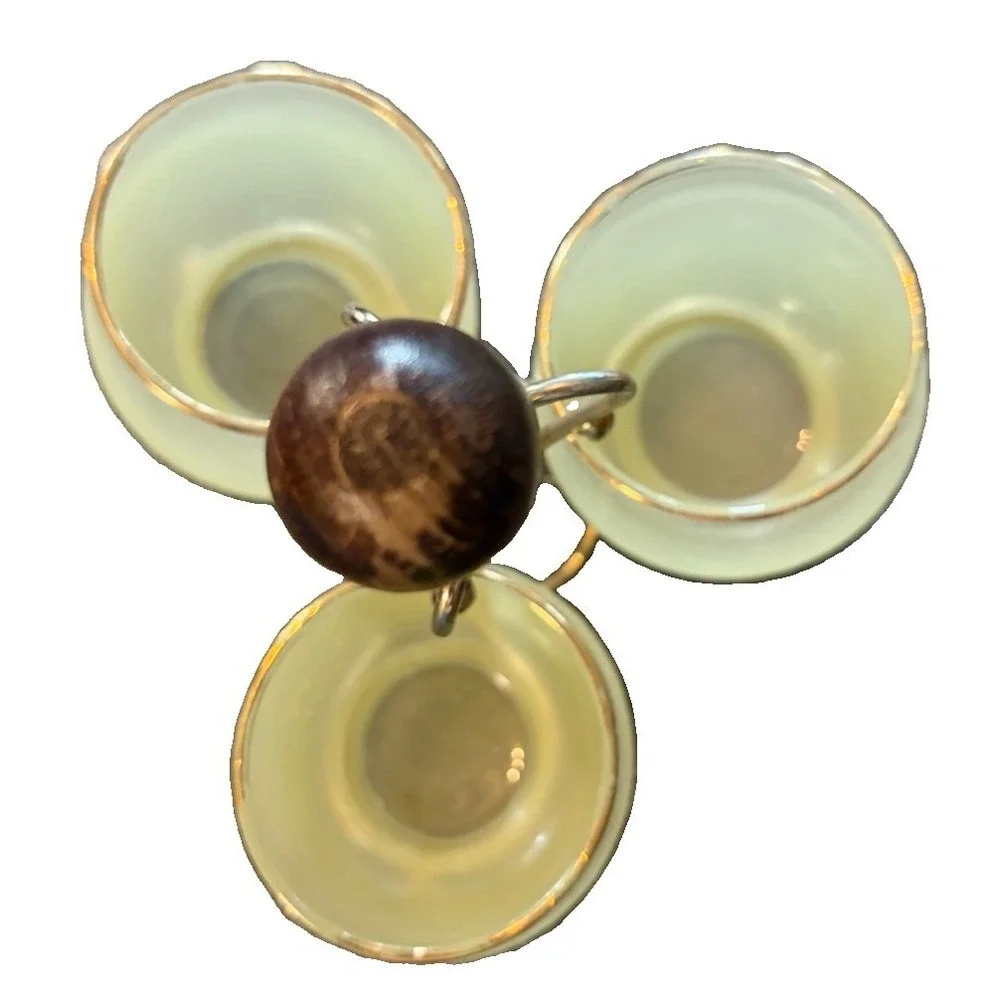 Vintage MCM 3 Glass Condiment Caddy Frosted Yellow Gold Rim Brass Tone Stand